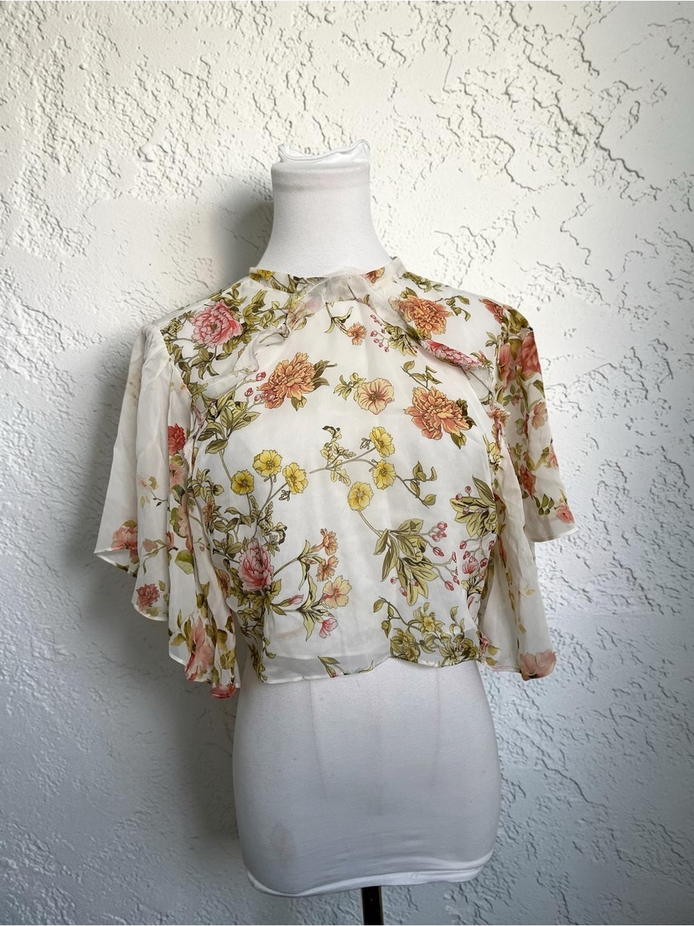 Zara Floral Sheer Crop Blouse | Cottagecore Romantic Chiffon Top S